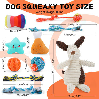 MASBRILL Dog Toys for Small Dogs ,10 Pack Puppy Chew Toys for Teething and Training with Plush Squeaky Toys, Treat Ball and Rope Toys to Keep Them Busy，White Dog