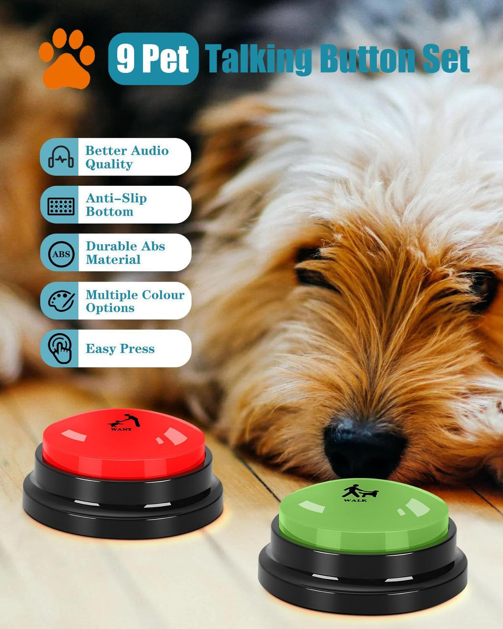 Dog Buttons for Communication, 9 Pcs Dog Talking Button Set, 30S Voice Recording Speaking Button Pet Speech Training Buzzers with 30 Scene Stickers and Waterproof Anti-Slip Mat for Animal Training