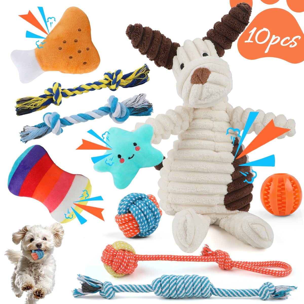 MASBRILL Dog Toys for Small Dogs ,10 Pack Puppy Chew Toys for Teething and Training with Plush Squeaky Toys, Treat Ball and Rope Toys to Keep Them Busy，White Dog